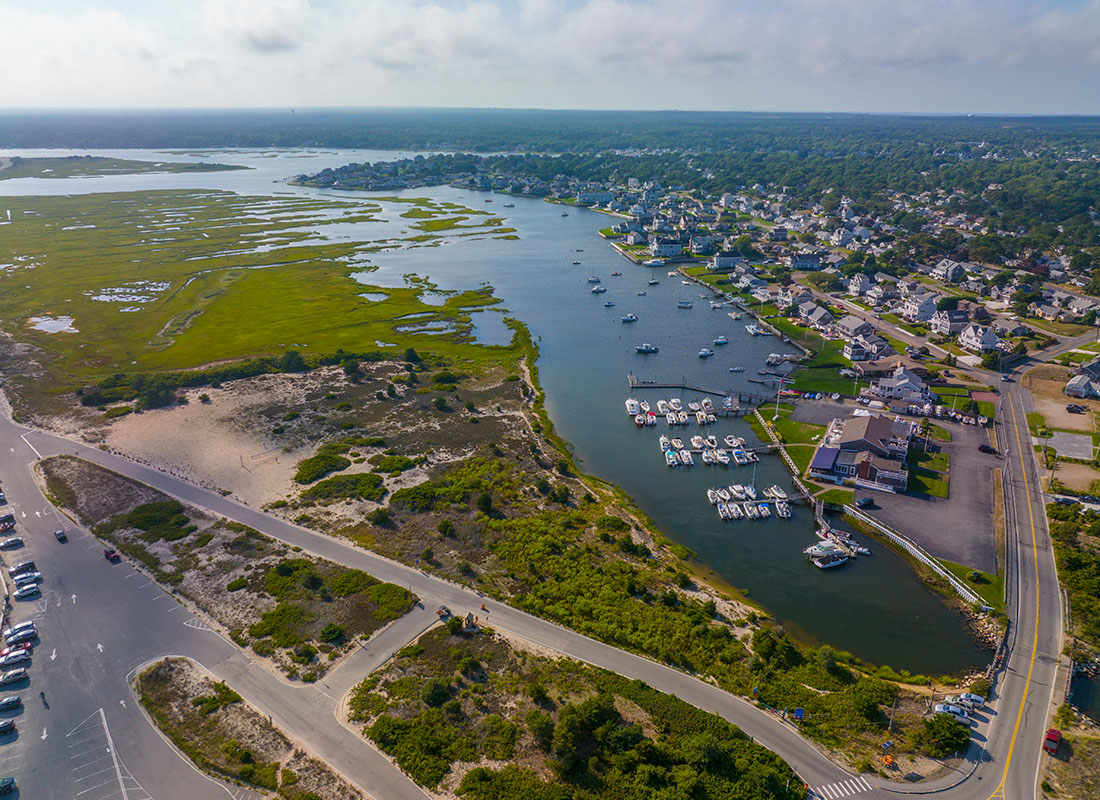 South Dennis, MA - Aerial View of Bass River Light at West Dennis Beach in Town of Dennis, Cape Cod, Massachusetts